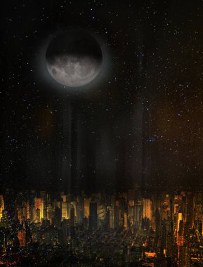Şehrin üzerinde ay var. Bu görüntünün elementleri NASA tarafından desteklenmektedir.