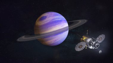 Satürn gezegenindeki görev. Uzay gemisi Satürn yakınlarında uzayda. Bu görüntünün elementleri NASA tarafından desteklenmektedir.