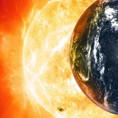 Dünya gezegeni dev bir güneşin arka planına karşı. Bu görüntünün elementleri NASA tarafından desteklenmektedir.