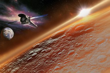 Ay yüzeyi, sarı şafak ışınları ve Dünya 'dan Ay' a doğru uçan uzay gemisiyle aydınlandı. Ay keşfi konsepti. Bu görüntünün elementleri NASA tarafından desteklenmektedir.