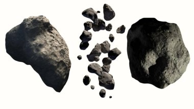 Beyaz arka planda izole edilmiş bir grup göktaşı. Bu görüntünün elementleri NASA tarafından desteklenmektedir.