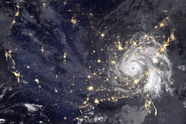 Enorm Orkan Över Amerika Nattfotografering Nattstädernas Ljus Och Orkanens Ögon — Stockfoto