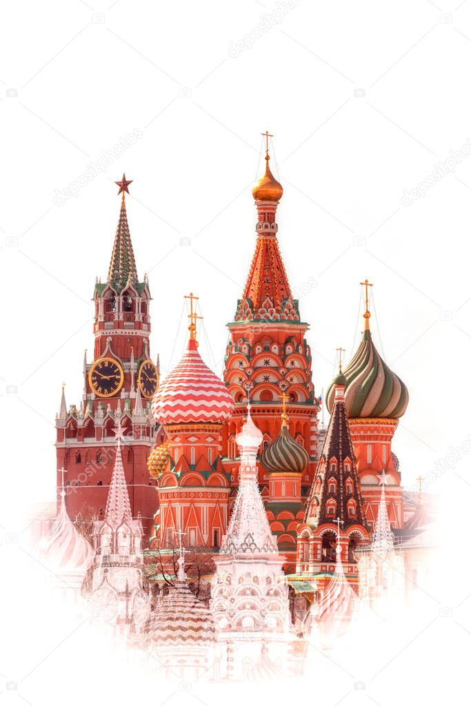 St. Basil Cathedral and Spasskaya tower, Red Square, Moscow, isolated on white background with white stamp mask. Symbol of Russia for your design.