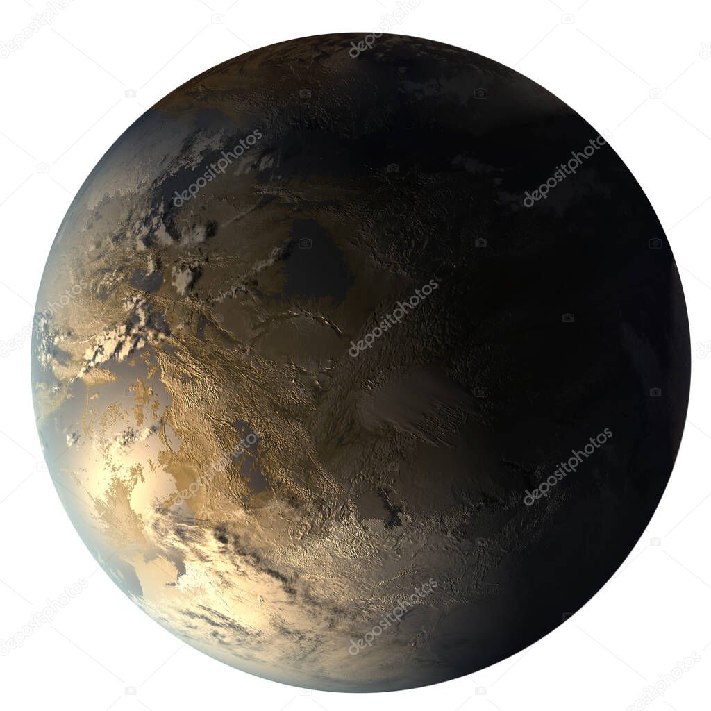 Kepler-186f, the First Earth-size Planet in the Habitable Zone. Gold super-Earth exoplanet in the constellation of Cygnus isolated on white background. Elements of this image are furnished by NASA.