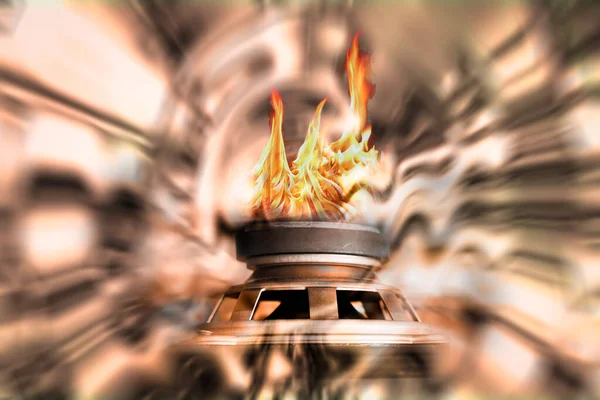 Концептуальный Газовый Коллаж Плитой Пламенем Размытом Фоне — стоковое фото