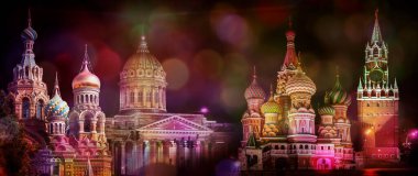 Kızıl Meydan Moskova 'nın kolaj panoraması, ve Aziz Petersburg kilisesi kan ve Kazan katedrali geceleri, bokeh renkli lekelerle. Rusya.