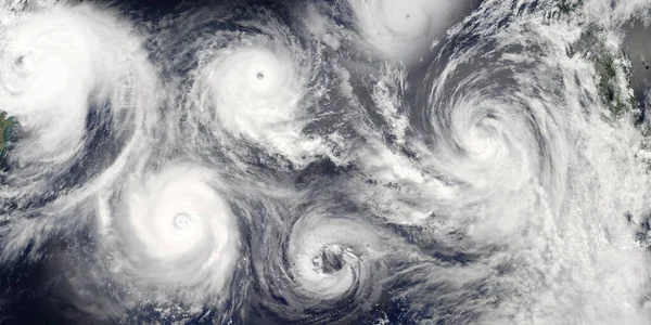 Orkansäsongen Kollage Ett Upplopp Orkaner Grund Katastrofala Klimatförändringar Satellitvy Delar — Stockfoto