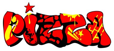 Beyaz arkaplanda izole edilmiş eps10 vektör illüstrasyonlu pizza metni içeren graffity.