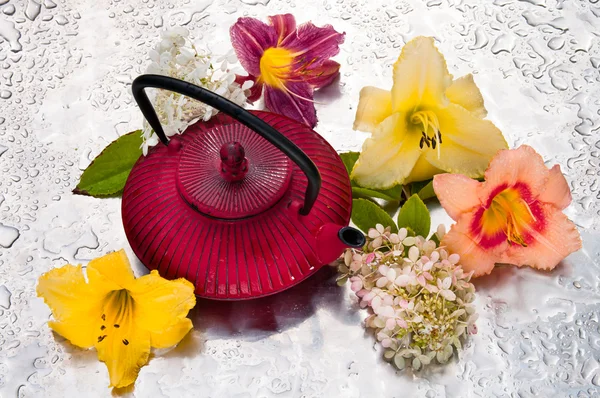 Te ceremoni: Tekanna med blommor på en regnig dag — Stockfoto