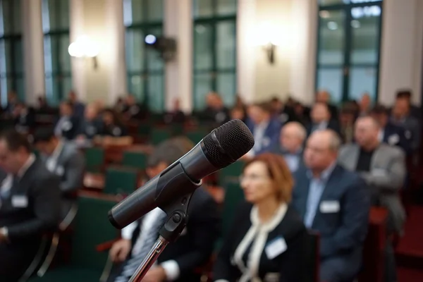 Микрофон в фокусе против размытой аудитории — стоковое фото