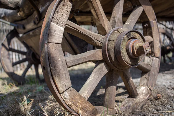 Vista de cerca de las ruedas de madera de la antigua telega de madera de pie en un campo — Foto de Stock