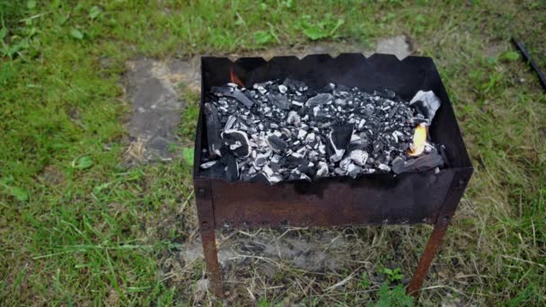 Šíš kebab maso připravené na grilu dřevo uhlí, venkovní. časová prodleva. — Stock video