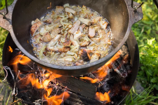 Cooking in metal pan on campfire — Stock Photo, Image