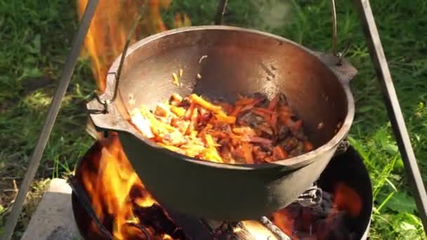 Vaření v kovové pánvi na táborák — Stock video