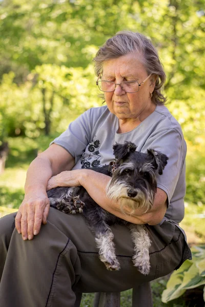 Anziano 70s donna tenendo il suo nero e argento mini schnauzer cane seduto all'aperto — Foto Stock