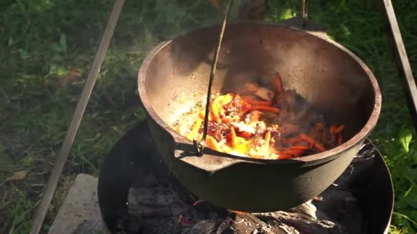 Nahaufnahme vom Kochen von Fleisch, Zwiebeln und Karotten in einer Metallpfanne am Lagerfeuer — Stockvideo