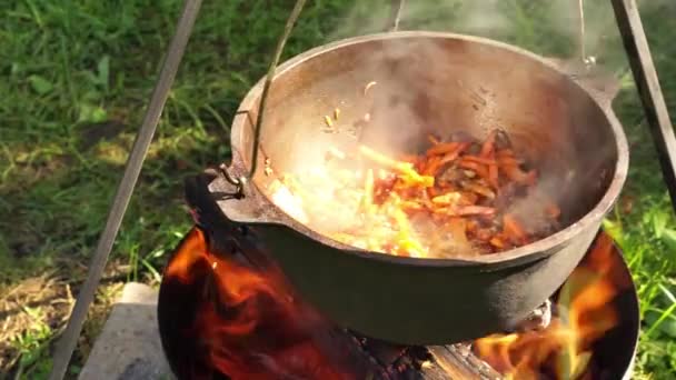 Nahaufnahme vom Kochen von Fleisch, Zwiebeln und Karotten in einer Metallpfanne am Lagerfeuer — Stockvideo