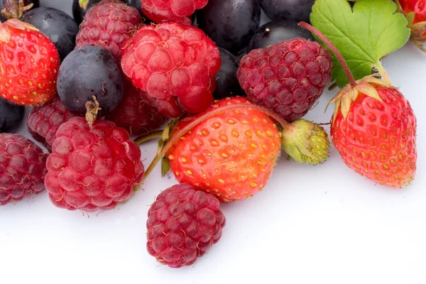Egészséges táplálkozás koncepció: különböző friss bogyós gyümölcsök, eper, málna, fekete ribizli és a grossberies makró lövés — Stock Fotó
