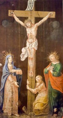 Budva, Karadağ - 05 Eylül 2012: Çarmıha germe, Meryem ve Aziz John haç, Saint John Baptist Katolik Kilisesi Budva, Karadağ'ın altında