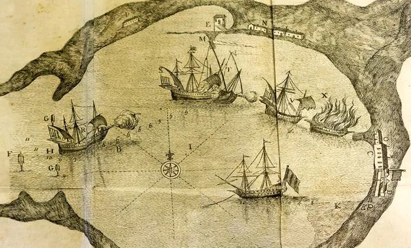 Antique sea map of a vessel battle in a port close up detail — 스톡 사진