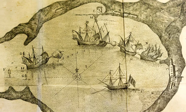 Antique sea map of a vessel battle in a port close up detail — Zdjęcie stockowe