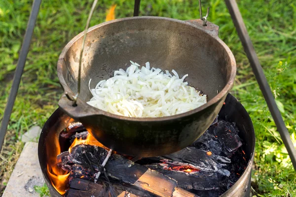 Κατσαρόλα σε ένα campfire μαγείρεμα στο καζάνι από χυτοσίδηρο στη φύση. Τροφίμων, κάμπινγκ, μαγείρεμα κρεμμύδι πάνω από μια φωτιά στο λέβητα — Φωτογραφία Αρχείου