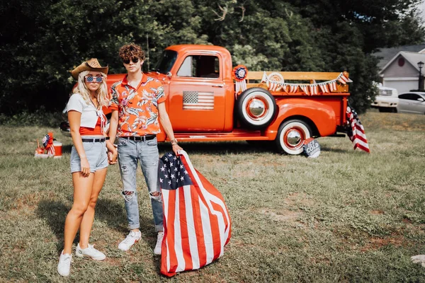 Couple Vintage Red Truck Stock Photo