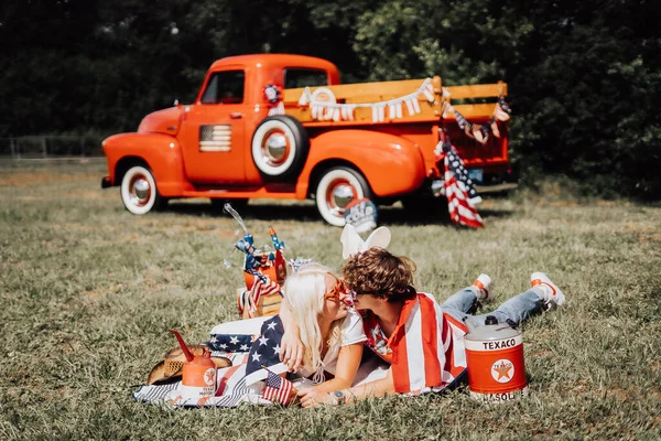 Couple Vintage Red Truck Stock Image