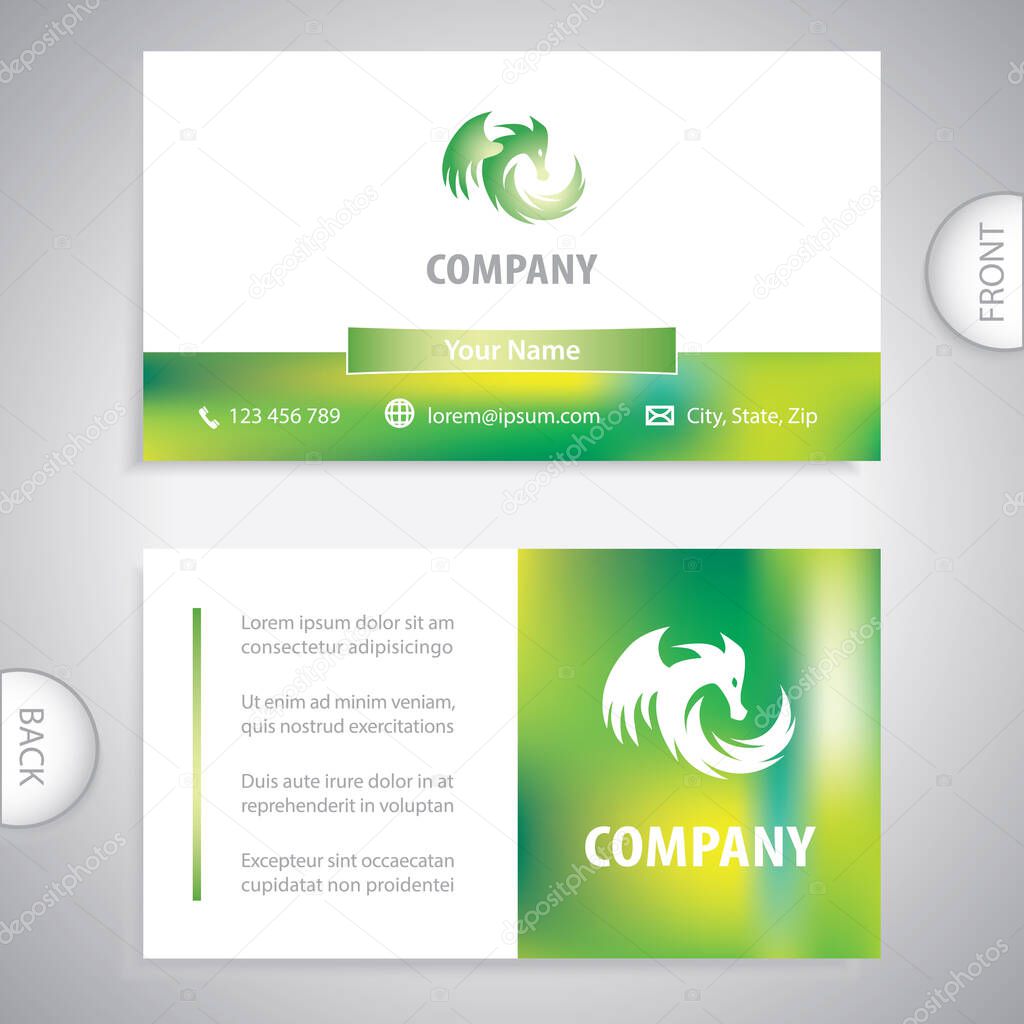 Business card template. Symbol of a flying dragon of a medieval reptile. Mythical animal with a strong character.