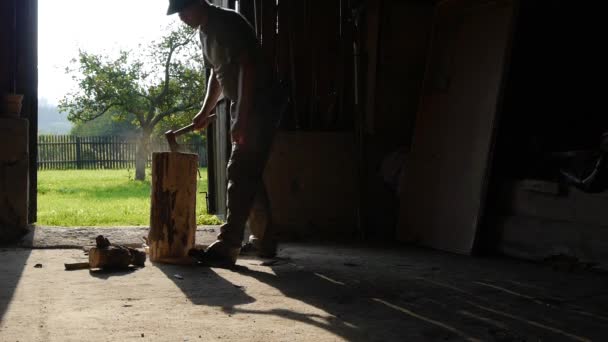 Человек с топором рубит дрова в сарае — стоковое видео