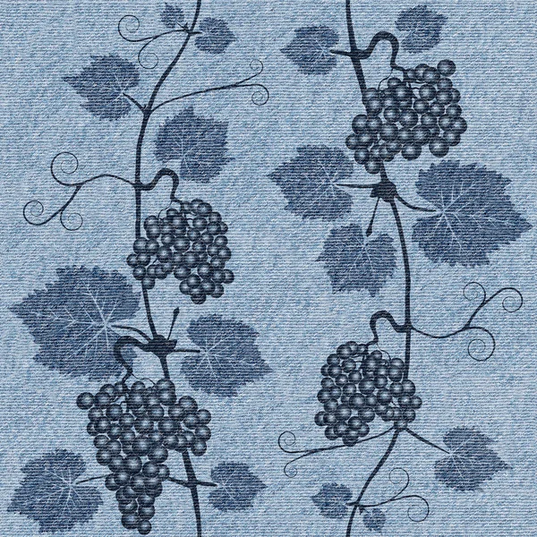 Hojas de uva decorativas - fondo sin costuras - tejido vaquero azul —  Fotos de Stock