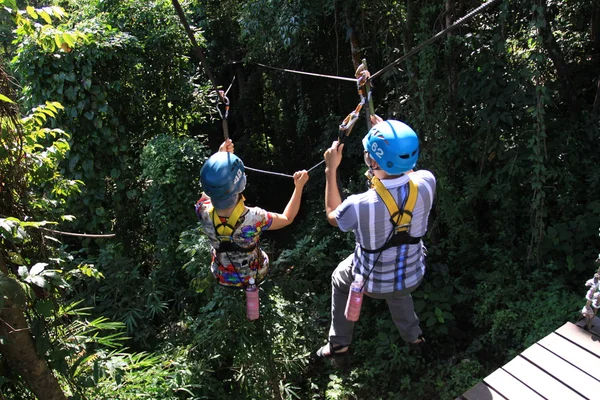 在清迈玩 zipline 在森林里的人 — 图库照片