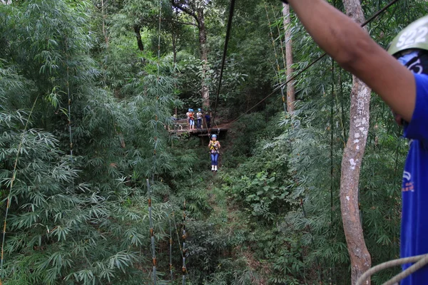 在清迈玩 zipline 在森林里的人 — 图库照片