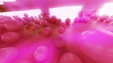 Pembe açık bir odada 360 Panoramik, geometrik arkaplanın hareketli soyut görüntüsü 3D animasyon küresi topları