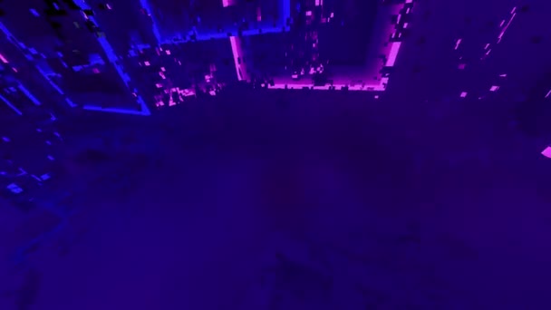 Animation Room Colored Neon Lights Shining Purple Blue Broken Granules — Stock Video