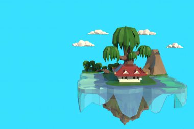 Nehrin kıyısındaki 3 boyutlu illüstratör. 3D Düşük Çokgen Geometrisi. Lowpoly Minimum Biçim Sanatı.