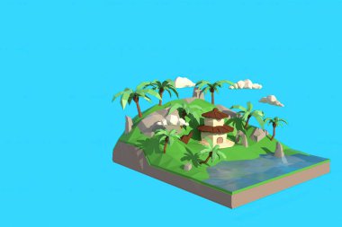 Adadaki evin 3 boyutlu çizimi. 3D Düşük Çokgen Geometrisi. Lowpoly Minimum Biçim Sanatı.