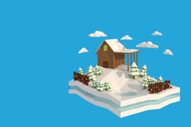Kardaki evin 3 boyutlu çizimi. 3D Düşük Çokgen Geometrisi. Lowpoly Minimum Biçim Sanatı.