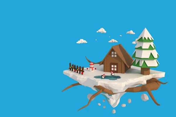 Kardaki evin 3 boyutlu çizimi. 3D Düşük Çokgen Geometrisi. Lowpoly Minimum Biçim Sanatı.