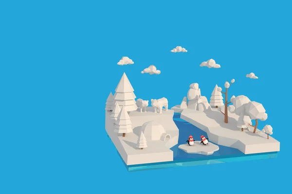 Ilustrador Penguin Village Renderização Geometria Baixo Polígono Lowpoly Estilo Mínimo — Fotografia de Stock