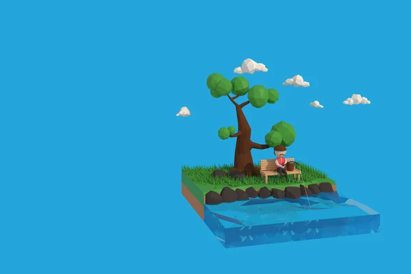 Illustrator Man Fishing Tree Rendering Low Polygon Geometry Lowpoly Minimal — Stock Photo, Image