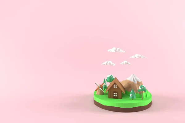 Maison Campagne Illustrateur Avec Moulin Vent Rendu Faible Géométrie Polygonale — Photo