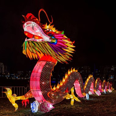 Novi Sad, Sırbistan - 15 Şubat 2021: Çin fener festivalinde ejderha. Geleneksel Çin Ejderhası, Sırbistan 'ın Novi Sad kentinde düzenlenen Ay Yeni Yıl Festivali' nde geçit töreni düzenledi.