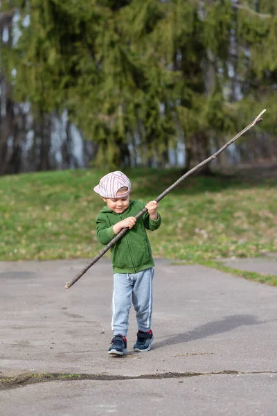 A boy runs in nature with a wooden stick. Little boy play with stick in forest