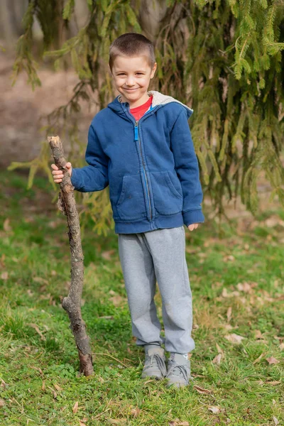 A boy runs in nature with a wooden stick. Little boy play with stick in forest