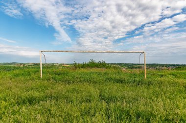 Terk edilmiş futbol sahası. Futbol sahasında çimenler ve kır çiçekleri..