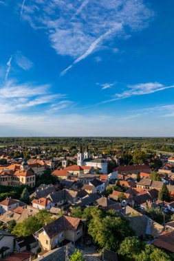 Sremski Karlovci, Sırbistan - 23 Eylül 2025: Sremski Karlovci 'nin havadan görünüşü, büyüleyici mimarisi, tarihi binaları ve Sırbistan' ın önde gelen katedrali