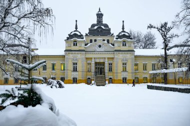 Novi Sad, Sırbistan - 05 Ocak 2026: İyot Spa (Jodna banja) - Sırbistan 'ın Novi Sad kentindeki hastane. Modern bir romatoloji hastanesi. Karla kaplı bina