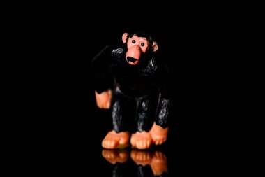 Siyah cam arka planda oyuncak şempanze