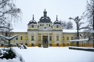 Novi Sad, Sırbistan - 05 Ocak 2026: İyot Spa (Jodna banja) - Sırbistan 'ın Novi Sad kentindeki hastane. Modern bir romatoloji hastanesi. Karla kaplı bina